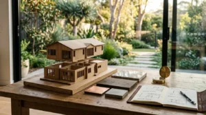 Wooden house model with removable upper level, material samples, and floor plan sketches on a design table