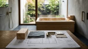 Bathroom renovation materials and blueprints displayed on a table, with wood, stone, and fixture samples in front of a modern soaking tub.