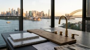 Premium renovation materials including marble slabs, wood samples, and a brass faucet displayed beside architectural plans with a modern city skyline in the background.
