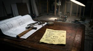 Home renovation estimate with construction blueprints, hammer, hand tools, and measuring tape on a workbench inside a remodeling project site