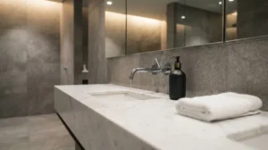 Modern commercial bathroom vanity with a marble countertop, wall-mounted faucet, and contemporary interior design