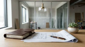 Office renovation planning workspace with architectural blueprints, a notebook, fountain pen, and potted succulent on a wooden desk, overlooking a modern office under construction with glass partitions and unfinished interiors