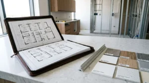 Open binder with dental office floor plans on a countertop beside material samples and a metal ruler inside a dental clinic under construction