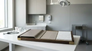 Material sample board with solid surface, wood, and countertop finishes displayed in a modern dental treatment room