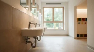 Childcare centre technical systems featuring child-height handwashing stations in a modern early learning facility