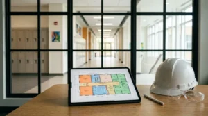 School renovation management workspace with digital floor plan on tablet, contractor hard hat, safety glasses, and modern educational facility in the background
