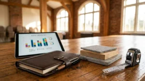 Commercial renovation budgeting workspace with project cost dashboard on tablet, material samples, notebook, measuring tape, and planning tools on a wooden table