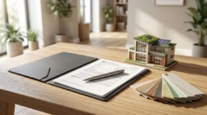 Grant application form, pen, eco-friendly house model, and material samples on a wooden table, representing government home renovation grants and sustainable home improvement planning.