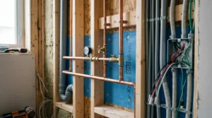 Laundry room renovation with exposed copper plumbing pipes, electrical wiring, and wall framing before drywall installation