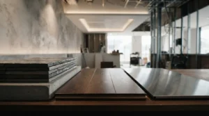 Restaurant interior fit-out with premium flooring, tile samples, and finish materials during commercial construction