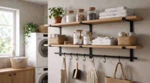Modern laundry room with open wood shelving, wall-mounted hanging rail, storage hooks, and organized laundry essentials