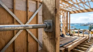Close-up of a galvanized steel threaded rod anchored to a heavy timber post inside a commercial timber-framed building under construction
