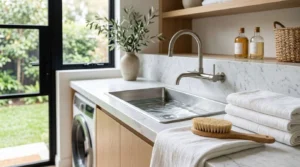 Modern laundry room with a stainless steel utility sink, marble countertop, brushed nickel faucet, open wood shelving, and built-in washer for a stylish and functional laundry space