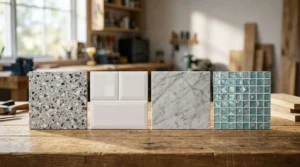 Comparison of terrazzo, subway, marble, and glass mosaic tiles for modern laundry room wall and floor designs