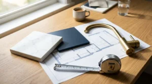 Laundry room renovation planning with brass faucet, quartz countertop sample, cabinet color swatch, architectural floor plan, and measuring tape on a designer's workspace
