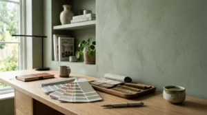 Calming workspace with a light wood desk against a textured sage green wall, featuring paint color swatches, fabric samples, a notebook, ceramic mug, minimalist desk lamp, decorative shelving, and a small potted plant illuminated by natural window light