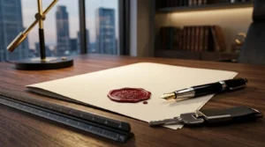 Office contract signing workspace with a document folder sealed with wax, a fountain pen, keys, and an architect's ruler on a wooden desk, set against a modern executive office overlooking a city skyline, representing contracts, warranties, and project agreemen