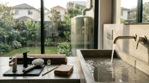 Modern bathroom sink with running water, water-saving fixtures, and a rainwater tank outside a home, highlighting sustainable water conservation
