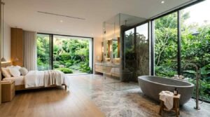 Open-plan bedroom and bathroom with a freestanding tub, glass shower, and lush garden views through floor-to-ceiling windows.