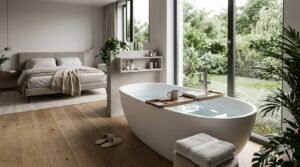 Open-plan bedroom and bathroom featuring a freestanding bathtub, wood flooring, and large windows overlooking a garden.
