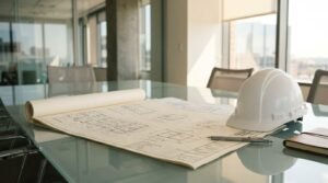 Architectural blueprints, a construction hard hat, and planning tools arranged on a conference table for residential or commercial renovation project planning.