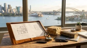 Architectural floor plans, premium building materials, and design tools on a wooden desk overlooking the Sydney Opera House and Harbour Bridge, showcasing luxury home renovation planning