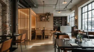 Modern restaurant interior with industrial brick walls, wooden furniture, large windows, and contemporary dining tables