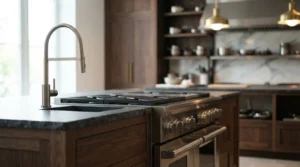 Commercial kitchen installation featuring stainless steel gas range, modern faucet, and custom cabinetry
