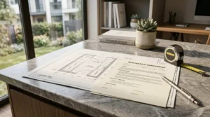 Laundry room renovation plans and contract with floor layout drawing, measuring tape, and pen on countertop