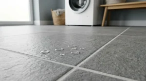 Water-resistant porcelain floor tiles in a modern laundry room with water droplets highlighting slip-resistant and easy-to-clean flooring