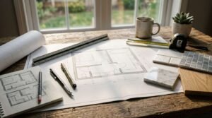 Bathroom floor plan surrounded by tile, stone, and timber samples, measuring tools, and design sketches for renovation planning.