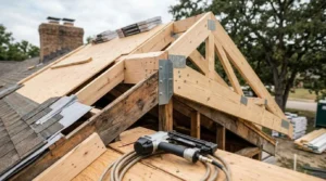 Timber roof framing under construction with prefabricated trusses, metal connector plates, and a pneumatic nail gun on a residential renovation project