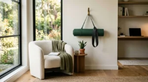 Cozy wellness corner with a cream accent chair beside large windows, a green throw blanket, book, side table with a potted plant and mug, plus a wall-mounted yoga mat and resistance band, creating a calm space for breaks and movement