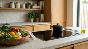 Modern sustainable kitchen with fresh vegetables, induction cooktop, and natural wood cabinetry for eco-friendly home cooking
