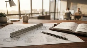 Office renovation project planning with blueprints, architectural tools, and a construction schedule on a meeting table