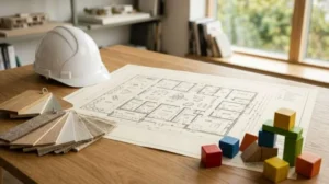 Architectural floor plan with construction blueprint, white hard hat, wood and fabric material samples, and colorful design blocks on a modern architect's workspace