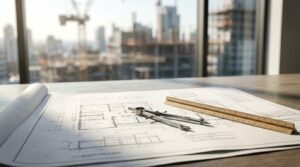 Architectural blueprints, drafting compass, and measuring ruler displayed on a planning table with a construction site in the background, representing building permits and project planning.