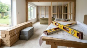 Home renovation project with construction tools, building materials, and architectural plans on a workbench inside a modern unfinished interior