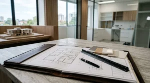 Architectural floor plans with a ruler, pen, and material samples displayed on a countertop inside a modern dental clinic under construction