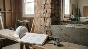 Construction plans, a hard hat, and measuring tools beside an exposed brick wall with reinforced concrete structural work during a building renovation