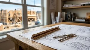 Residential construction blueprints with drafting tools on a wooden desk overlooking a home building site, illustrating project planning and home construction design.