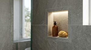 Modern tiled shower wall featuring a recessed storage niche with integrated lighting, holding a soap dispenser and natural sponge.