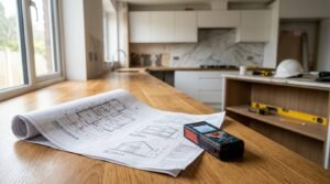 Kitchen renovation blueprints, a laser measuring tool, and construction equipment displayed on a countertop during residential kitchen remodeling and project planning.