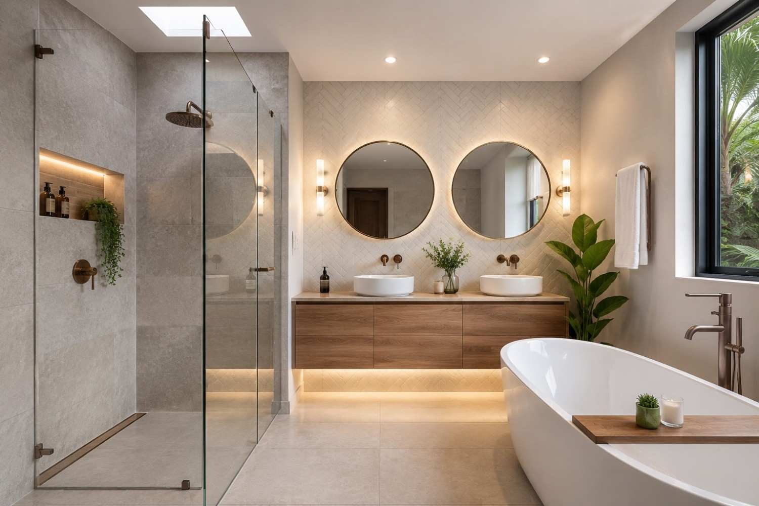 Luxury bathroom remodel featuring a freestanding soaking tub, walk-in glass shower, double vanity, modern lighting, and custom wood cabinetry. Contemporary bathroom renovation showcases premium finishes, spa-inspired design, and high-end residential remodeling that enhances comfort, functionality, and home value