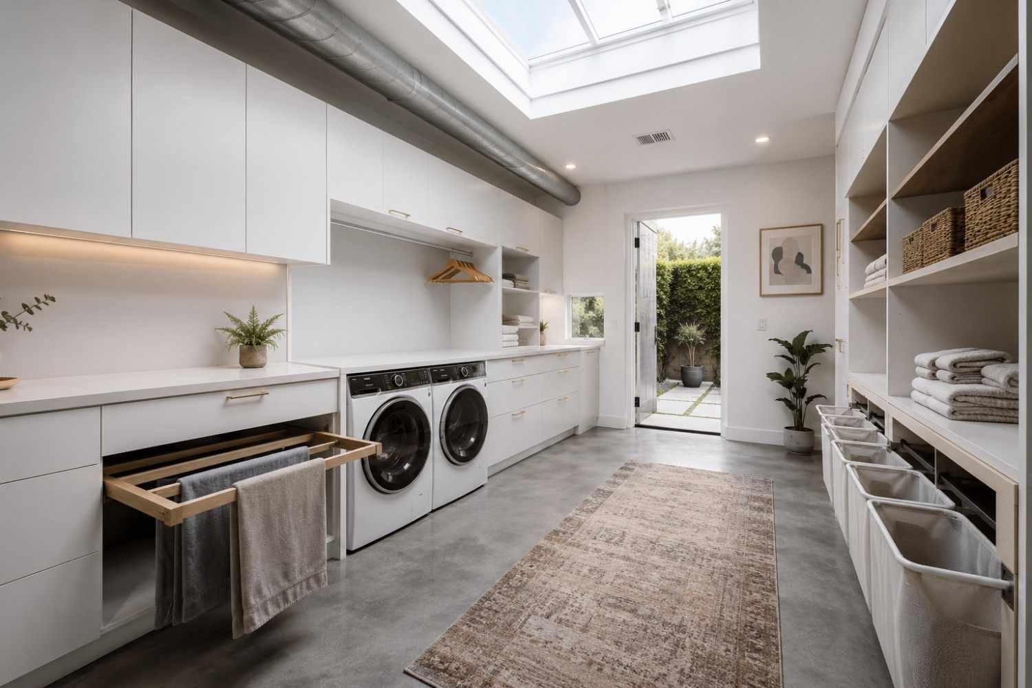 Custom laundry room remodel featuring built-in storage, organized shelving, double front-load washers and dryers, skylight lighting, and modern cabinetry. Functional home renovation design maximizes space efficiency, organization, and convenience while adding value through premium residential remodeling and custom storage solutions.