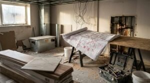 Commercial renovation site in progress featuring an architectural blueprint marked with red ink notes spread across sawhorses, stacked flooring materials, an open toolbox, exposed ceiling grid, and rusty plumbing pipes in a bare room.