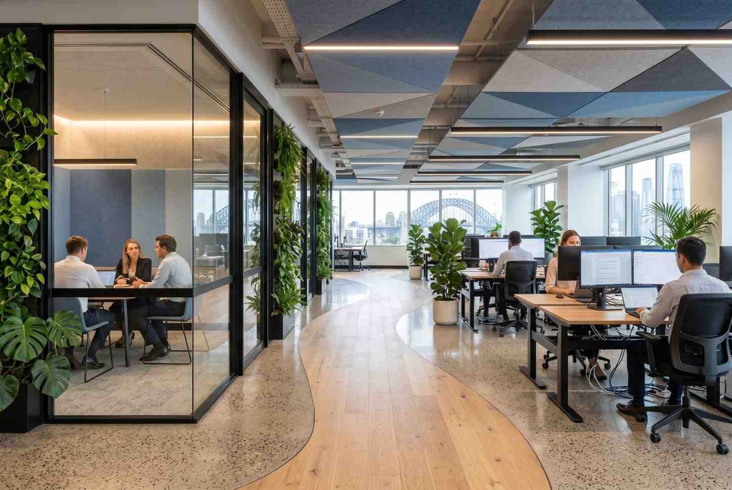 Modern office renovation featuring open-plan workstations, glass conference rooms, acoustic ceiling panels, biophilic design, and collaborative meeting spaces. Contemporary commercial office design enhances employee productivity, workplace flexibility, team collaboration, and professional aesthetics in a modern corporate environment