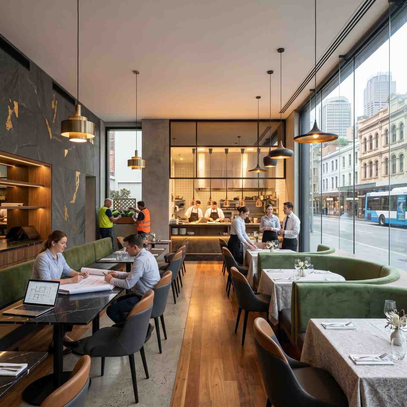 Modern restaurant fitout featuring elegant booth seating, open commercial kitchen, floor-to-ceiling windows, and premium interior finishes. Hospitality design project showcasing restaurant construction, contemporary dining spaces, commercial fitout solutions, and high-end venue refurbishment.