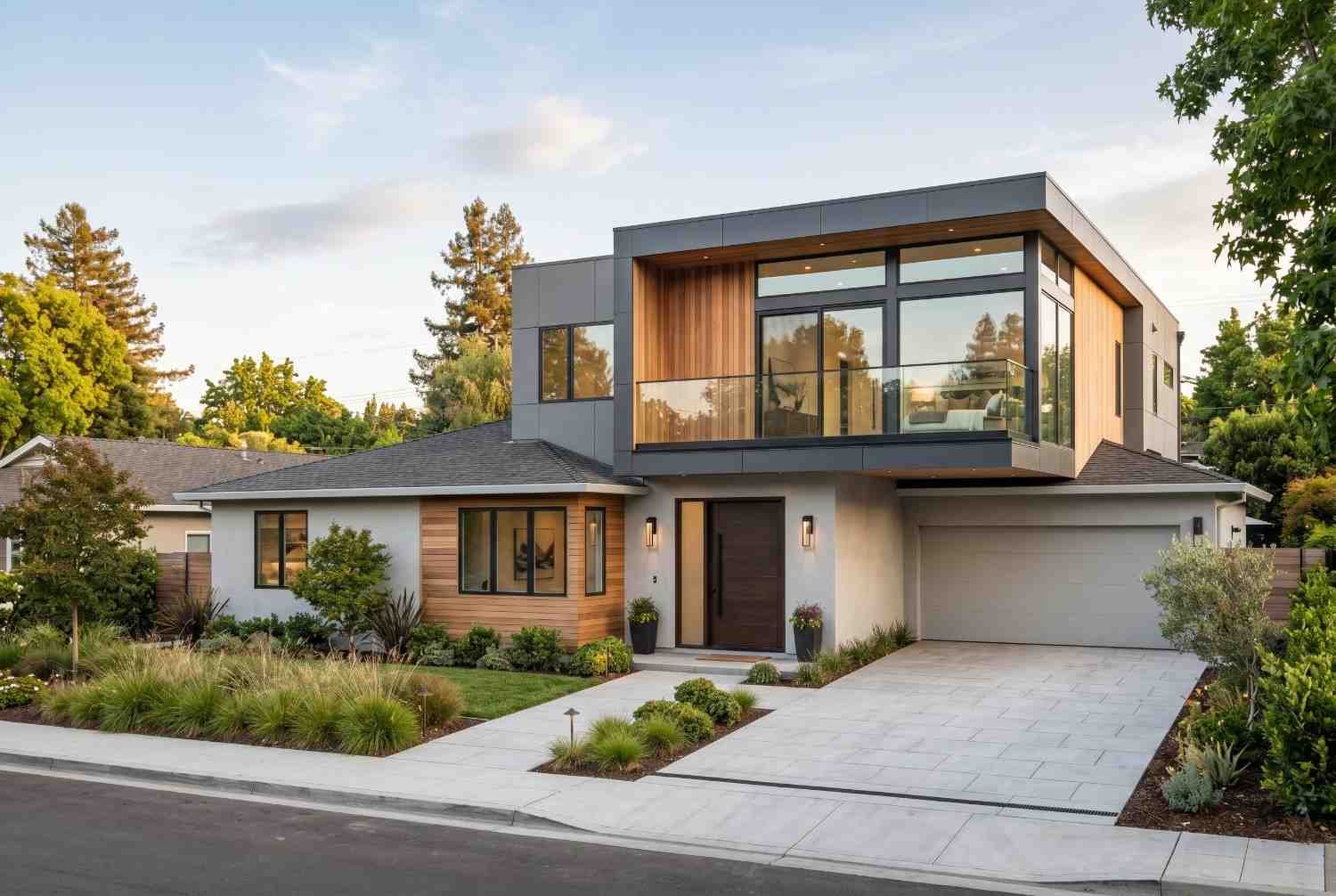 Modern home addition and whole-house renovation featuring contemporary architecture, second-story expansion, large windows, mixed wood and metal exterior finishes, and enhanced curb appeal. Custom residential remodeling project showcases luxury design, increased living space, and expert home renovation craftsmanship