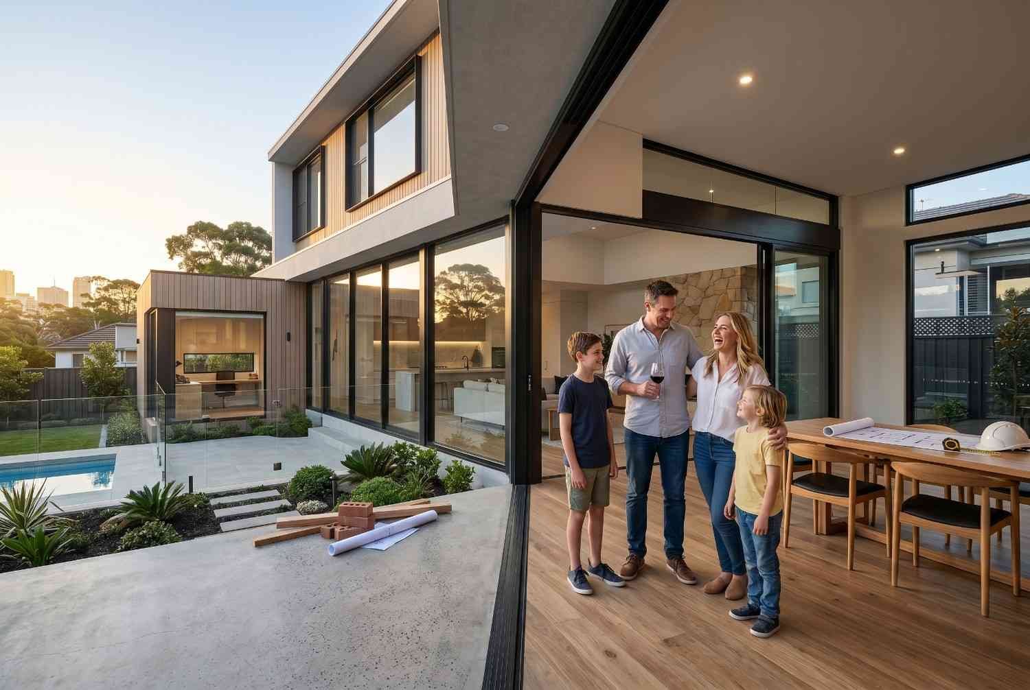 Happy family touring a newly completed custom home renovation with modern architecture, open-concept design, large glass doors, and luxury outdoor living space. Residential remodeling project showcases expert home construction, contemporary design, and high-end property improvements that enhance comfort and value.
